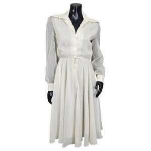 Vintage 70s Joseph Magnin Ivory Sheer Prairie Disco Dress Glam Dagger Collar